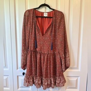 Misa boho peasant ruffle long sleeve mini red dress size extra small